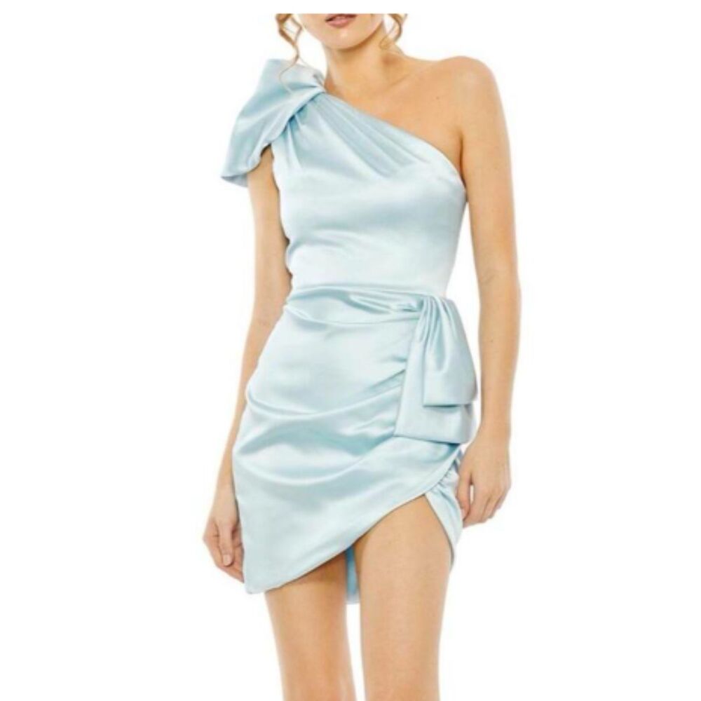 Ieena Mac Duggal 55971 French Blue One Shoulder Satin Mini Dress 12 NWT